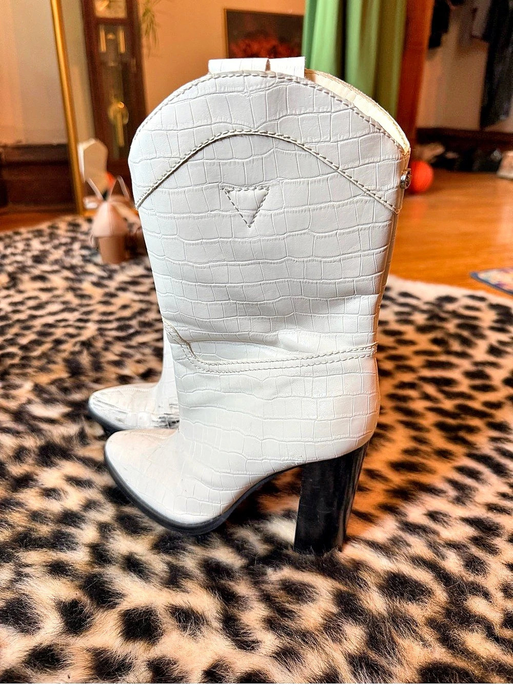 Guess White Crocodile-Embossed Heeled Boots